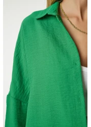 Happiness İstanbul Women's Green Linen Shirt Baggy Trousers Set DZ00080