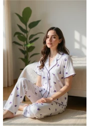 BELLA NOTTE Romantic Cotton Tulip Patterned Lace Detail Summer Pajama Set