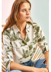 Bianco Lucci Women's Sleeve Folded Linen Shirt with Forest Illustrations