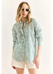 Olalook Women's Green Geometric Scallop Detailed Shirt Gml-19001324