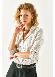 Olalook قميص كتان نسائي بيج بأكمام منقوشة بالزهور GML-19000825