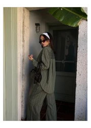 minaaise Women's Green Striped Wide Cut Viscose Fabric Shirt and Pants Bottom/Top Suit 29046