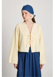 minaaise بلوزة بوبلين صفراء برباط أمامي للسيدات 29085