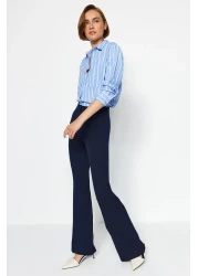  Collection بنطلون قماش منسوج بأرجل واسعة باللون الأزرق الداكن TOFAW19BB0581