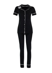  Collection Black Cotton Collar Lamb Printed Close-Fitting Fit Knitted Pajamas Set Thmaw22Pt0704