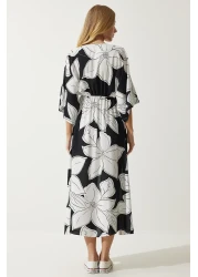 Happiness İstanbul Women's Black and White Wraped Collar Patterned Summer Viscose Dress DK00166