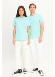 AC&Co / Altınyıldız Classics تي شيرت رجالي باللون الفيروزي بقصة ضيقة ورقبة دائرية 100% قطن أساسي