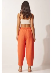 Happiness İstanbul Women's Orange Linen Shirt Baggy Trousers Set DZ00080