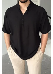 Livio Ferri Soro Men's Oversize Linen Look Short Sleeve Court Collar Half Placket Shirt