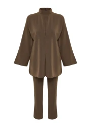  Modest Brown Collar Detailed Woven Bottom Top Suit Tctss24Us00055