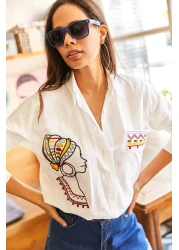 Olalook Women's Ecru Pocket Embroidery Detailed Casual Woven Linen Shirt GML-19001009