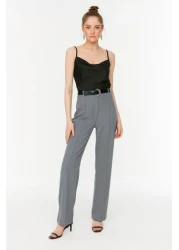  Collection Gray Straight Cut High Waist Ribbed Stitched Woven Trousers TWOSS21PL0093