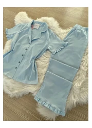 Pijamacs Baby Blue Cotton Sleeve and Leg Ruffle Detailed Short Sleeve Front Buttoned Pajama Set