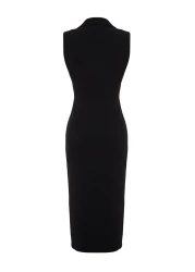  Collection Double Breasted Collar Black Midi Dress with Pencil Skirt - Button Detail, Sleeveless - TWOSS24EL00616