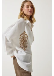 Happiness İstanbul قميص نسائي من القطن الكتاني المطرز باللون الأبيض DM00134