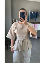 YOUR NAME Oversize Belted Ecru Linen Blouse