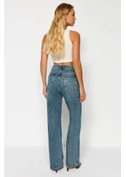  Collection جينز أزرق عتيق ذو تأثير شاحب عالي الخصر وواسع الساق TWOAW24JE00089