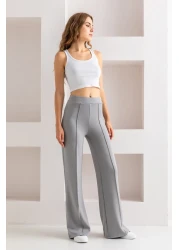 CNRCollection بنطال ضيق مضلع عالي الخصر باللون الرمادي - قماش مودال، بنطال واسع الساق