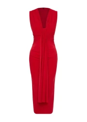  Collection Stylish Red Draped Knitted Evening Dress - Fitting on the Body, TPRSS24EL00161