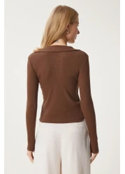 Happiness İstanbul Women's Brown Polo Neck Corded Knitted Blouse GT00111