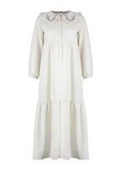  Modest Ecru Embroidery Detail Linen Look Woven Dress Tctss23Eb00257