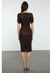  Collection Brown Glitter Knitted Sequin Stylish Evening Dress Night Graduation Dress