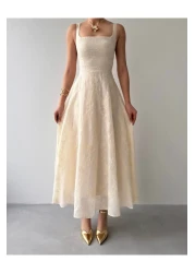 Afiş Butik Beige Thick Strap Embroidered Linen Pleated Dress