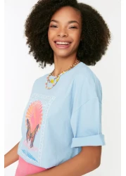  Collection Light Blue 100% Cotton Printed Relaxed/Wide Relaxed Cut Crew Neck Knitted T-Shirt TWOSS22TS1145