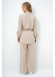 Trend Alaçatı Stili Beige Double Pocket Safari Jacket and Crepe Bottom Top Set with Wide Leg Pants with Elastic Waist Alc-X14086