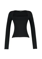  Collection Black Cotton Stretchy Square Neck Fitted Blouse TWOAW24BZ00165