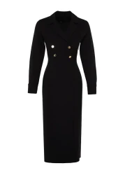  Modest Black Double Breasted Collar Button Detailed Woven Dress TCTSS24EB00020
