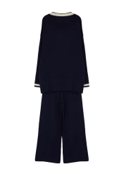  Modest Navy Blue Knitwear Cardigan and Trousers Set with Gold Buttons and Pockets - TCTAW24US00107