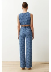  Collection Dark Blue Print High Waist Wide Leg Jeans Twoss24Je00278