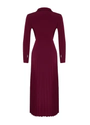  Modest Burgundy Wrap Neck Pleated Knit Dress with Accessory Detail TCTAW25EB00138