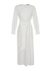  Modest Linen Texture - Zip and Belted White Dress Tctss23Eb00219