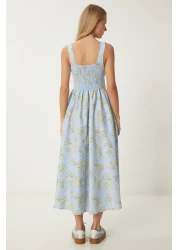 Happiness İstanbul Women Blue Yellow Floral Pattern Summer Midi Poplin Dress Ub00353
