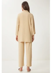 Happiness İstanbul Women's Cream Kimono Trousers Knitted Set BY00050