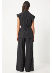 Happiness İstanbul Black Belted Palazzo Vest and Knitted Set - BY00055