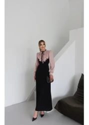 1Moda1Tarz فستان نسائي مستورد من قماش الشيفون اللامع Yoryo مزين بالدانتيل ومطوي ومزين بشريط مبطن بتصميم خاص