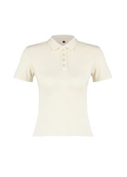  Collection Beige Polo Neck Buttoned Short Sleeve Stretchy Ribbed Knitted Blouse TWOSS24BZ00111