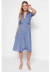  Collection Blue Floral Pattern Belted Midi Woven Viscose Shirt Dress TWOSS20EL1559
