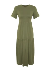  Collection Khaki Gathered Short Sleeve Knitted Maxi T-Shirt Dress Twoss24El00132
