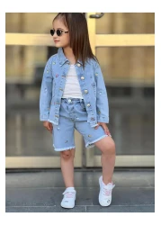 yns coolstar New Season Summer Lycra - Cotton Flower Embroidered Denim Shorts and Jacket 2-Piece Set