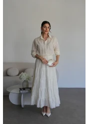 Julidress فستان طويل مميز مطرز باللون الكريمي مع خصر مطاطي