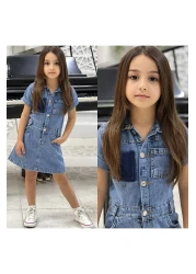 yns coolstar New Season Girl's Pocket Front Button Short Sleeve Cotton Denim Jeans Dress