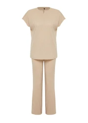  Collection Beige Corded Collar Detailed Knitted Pajamas Set THMSS24PT00234
