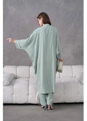 Miss Allos طقم كيمونو نسائي من الكتان مع تفاصيل حجرية مطرزة بالزهور من التول في الأمام وبنطلون سفلي