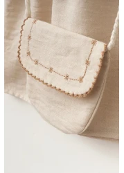 Minipodyum Baby Girl Collar Embroidered Bag Holiday Linen Dress