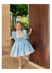 Linarookids Vintage Baby Girl Dress with Laurel Blue Bow, Birthday Dress, Photo Shoot Dress, Suitable for 0-7 Years Old