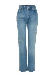  Collection Blue Ripped High Waist Long Straight Jeans TWOAW24JE00033